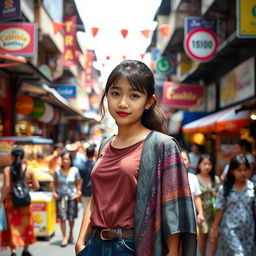 A teenage girl standing confidently, facing the bustling Malioboro street in Yogyakarta, Indonesia
