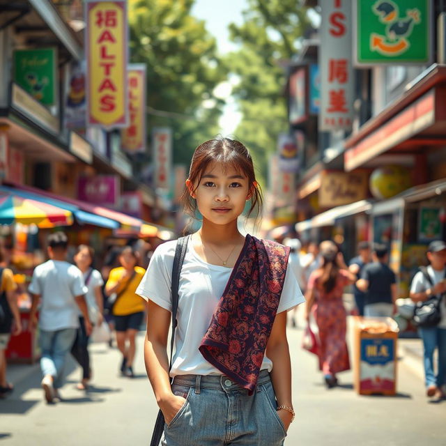 A teenage girl standing confidently, facing the bustling Malioboro street in Yogyakarta, Indonesia