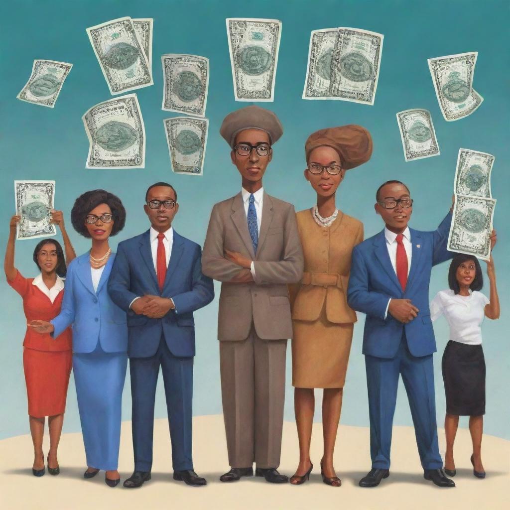 An art piece titled 'Be WISE! Wise Investing, Scam Ends', showing individuals armed with knowledge making informed investment decisions. Illustrate the theme of empowerment, focusing on the individual's ability to identify and steer clear of fraudulent market schemes.