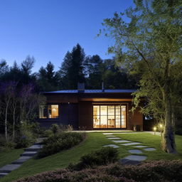 A cozy, inviting house nestled in serene surroundings with warm, ambient lighting.