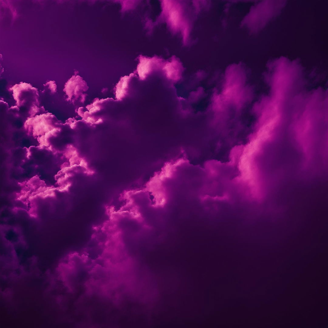 Lo-fi digital art of a vast sky filled with voluminous clouds, all steeped in shades of midnight purple.