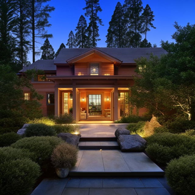 A cozy, inviting house nestled in serene surroundings with warm, ambient lighting.