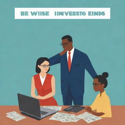 A graphic representation titled 'Be WISE! Wise Investing, Scam Ends'. The theme is the empowerment of individuals making informed investment decisions. The image should highlight the skill of recognizing and avoiding fraudulent schemes in the market.