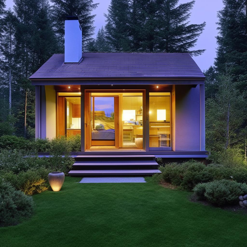 A cozy, inviting house nestled in serene surroundings with warm, ambient lighting.