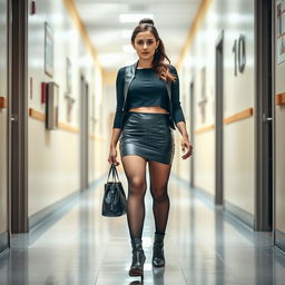 A stylish and confident young woman, 18 years old, walking in a bright school hallway