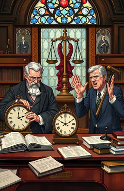 An academic illustration depicting the theme of the transformation of presidential and vice-presidential age limits in judicial political intrigue