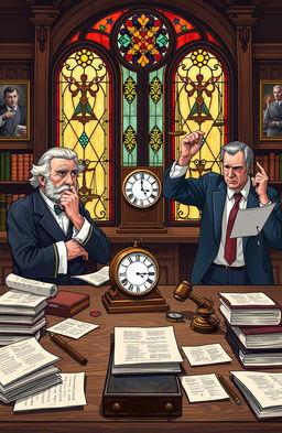 An academic illustration depicting the theme of the transformation of presidential and vice-presidential age limits in judicial political intrigue