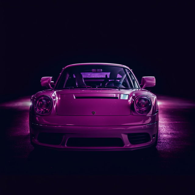 Photograph of a Porsche 911 in midnight purple under soft lighting, captured with a 200mm lens.