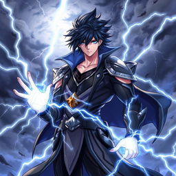 A powerful male character with striking black hair and deep blue eyes, embodying the essence of lightning