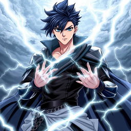 A powerful male character with striking black hair and deep blue eyes, embodying the essence of lightning