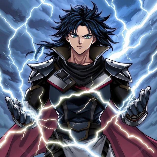 A powerful male character with striking black hair and deep blue eyes, embodying the essence of lightning