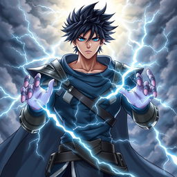A powerful male character with striking black hair and deep blue eyes, embodying the essence of lightning
