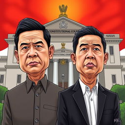 A satirical illustration of two prominent Indonesian political figures, Prabowo Subianto and Gibran Rakabuming Raka, with their faces humorously swapped