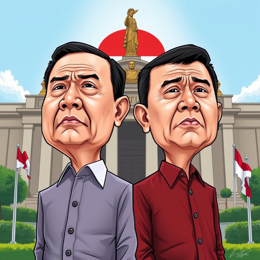 A satirical illustration of two prominent Indonesian political figures, Prabowo Subianto and Gibran Rakabuming Raka, with their faces humorously swapped