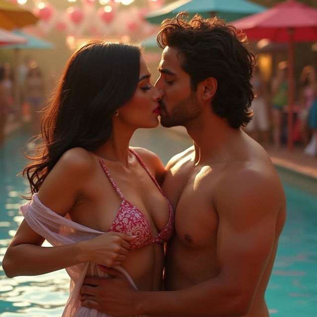 A sensual scene featuring Nushrat Bharucha in a bikini top, enjoying a vibrant pool party