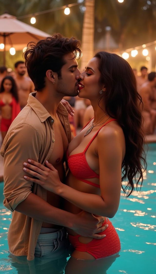 A sensual scene featuring Nushrat Bharucha in a bikini top, immersed in the excitement of a lively pool party