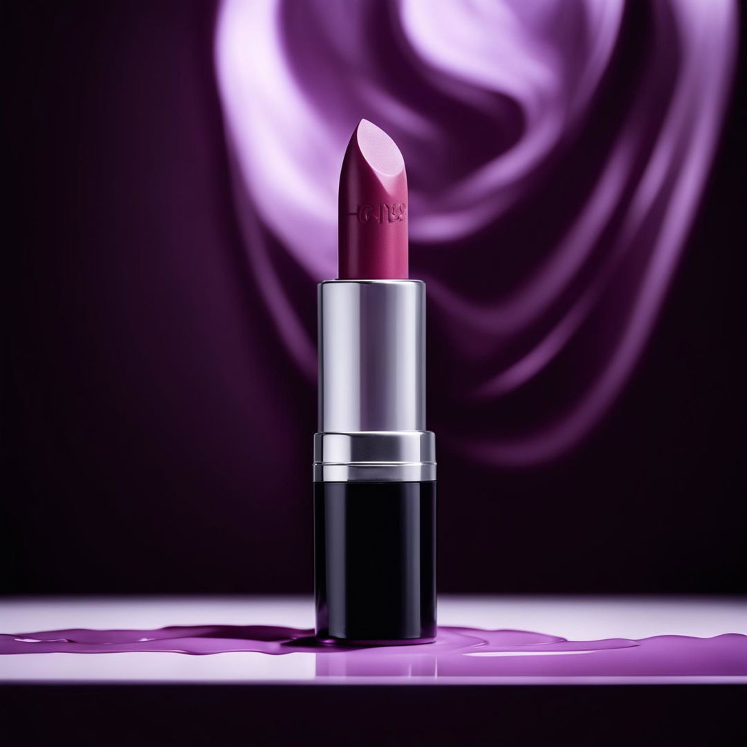 Editorial shot of a midnight purple lipstick product against a contrasting background.