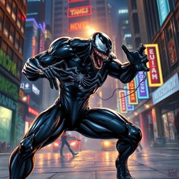A dynamic and intense depiction of Venom, the iconic Marvel anti-hero, performing a spectacular dance in an urban nighttime setting