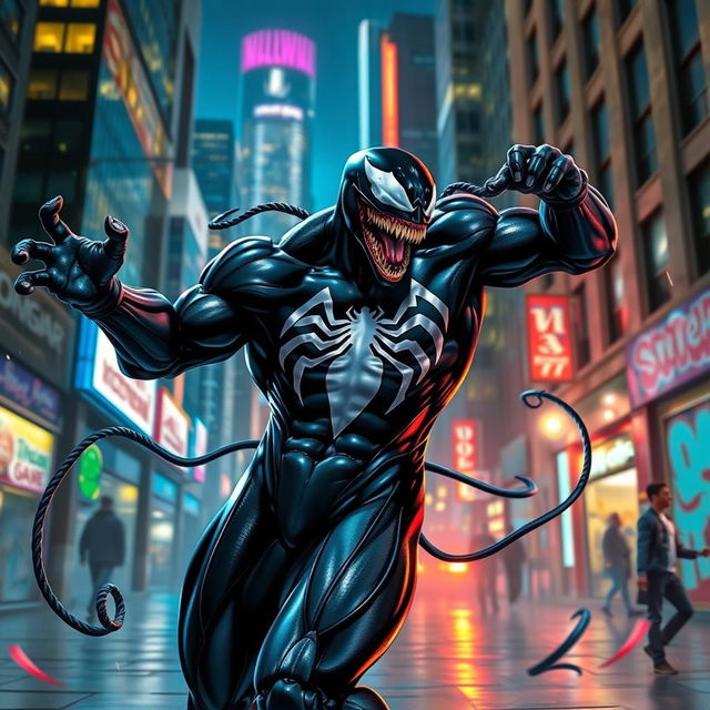 A dynamic and intense depiction of Venom, the iconic Marvel anti-hero, performing a spectacular dance in an urban nighttime setting