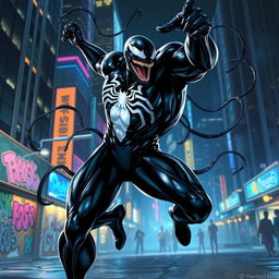 A dynamic and intense depiction of Venom, the iconic Marvel anti-hero, performing a spectacular dance in an urban nighttime setting