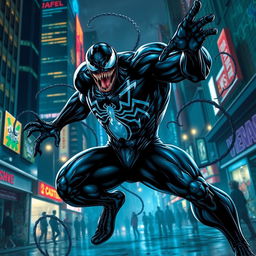 A dynamic and intense depiction of Venom, the iconic Marvel anti-hero, performing a spectacular dance in an urban nighttime setting