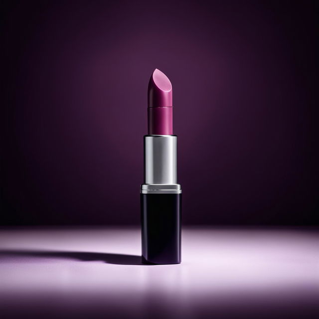 Editorial shot of a midnight purple lipstick product against a contrasting background.