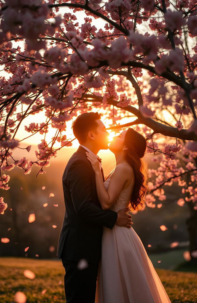 An enchanting scene of love set in a dreamy landscape, where a couple is sharing a passionate kiss under a beautiful cherry blossom tree