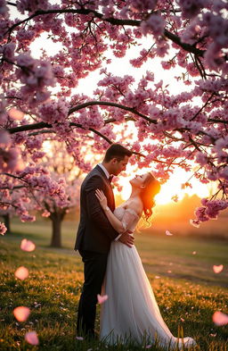 An enchanting scene of love set in a dreamy landscape, where a couple is sharing a passionate kiss under a beautiful cherry blossom tree