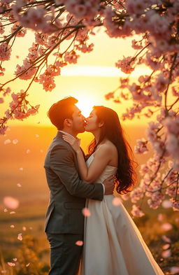 An enchanting scene of love set in a dreamy landscape, where a couple is sharing a passionate kiss under a beautiful cherry blossom tree