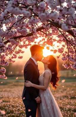 An enchanting scene of love set in a dreamy landscape, where a couple is sharing a passionate kiss under a beautiful cherry blossom tree