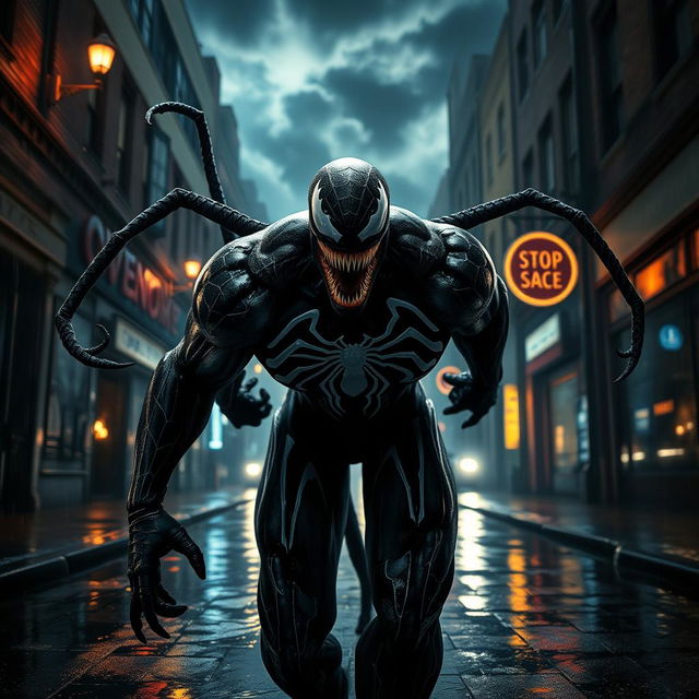 A dramatic and visually striking scene inspired by the Venom movie, showcasing the menacing presence of Venom in a dark and atmospheric urban environment