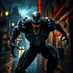 A dramatic and visually striking scene inspired by the Venom movie, showcasing the menacing presence of Venom in a dark and atmospheric urban environment