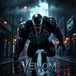 A dramatic and visually striking scene inspired by the Venom movie, showcasing the menacing presence of Venom in a dark and atmospheric urban environment