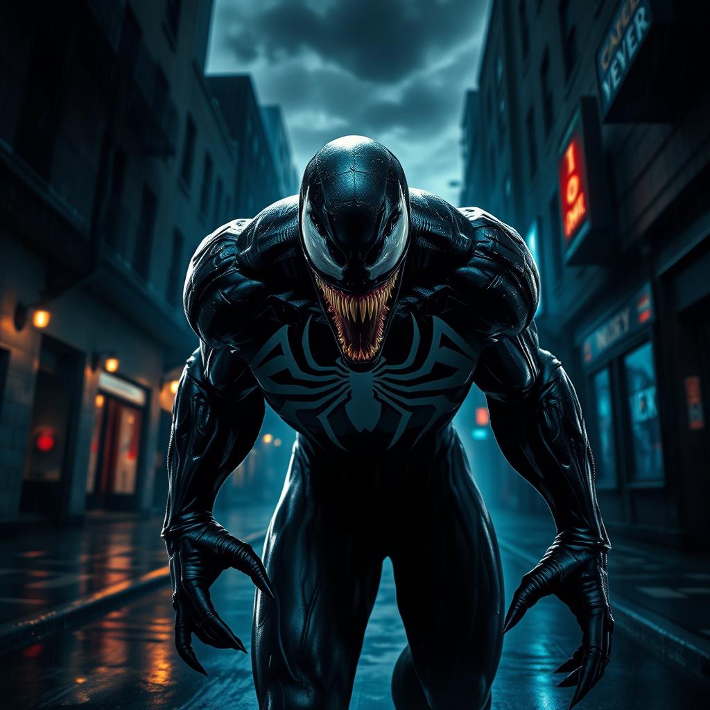 A dramatic and visually striking scene inspired by the Venom movie, showcasing the menacing presence of Venom in a dark and atmospheric urban environment