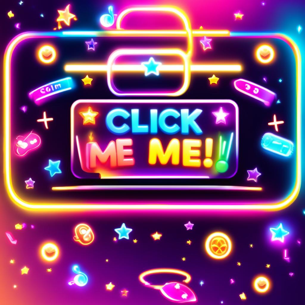 Vibrant digital art thumbnail with 'Click Me!' text, neon colors, sparkling stars, glowing arrows, animated emojis, pulsating corner lights, and a color-cycling border.