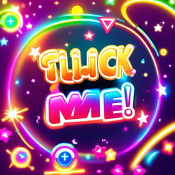 Vibrant digital art thumbnail with 'Click Me!' text, neon colors, sparkling stars, glowing arrows, animated emojis, pulsating corner lights, and a color-cycling border.