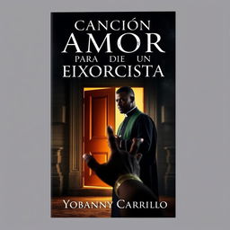 A striking book cover design for 'CANCIÓN DE AMOR PARA UN EXORCISTA' by Yobanny Carrillo