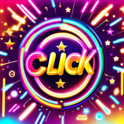 Vibrant digital art thumbnail with 'Click Me!' text, neon colors, sparkling stars, glowing arrows, animated emojis, pulsating corner lights, and a color-cycling border.