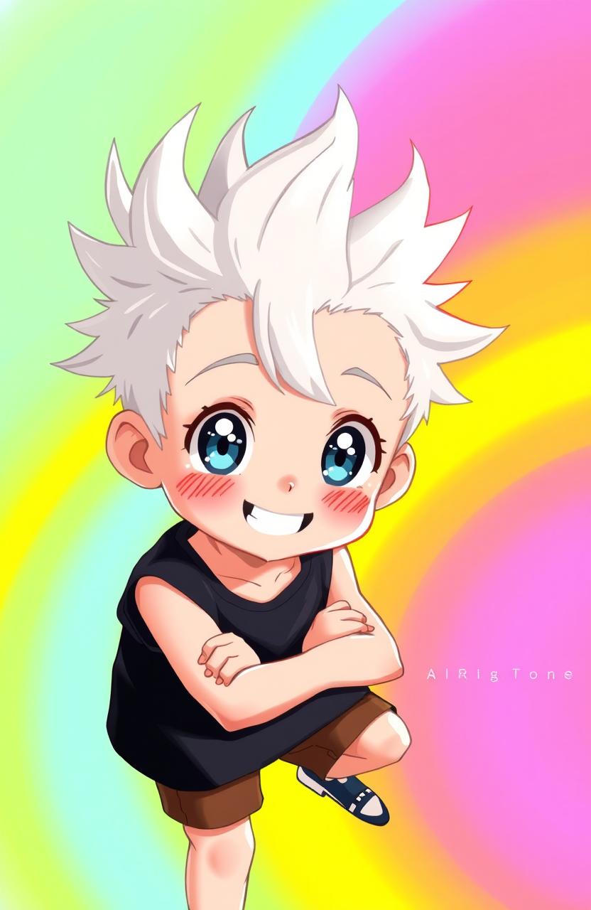 A vibrant and colorful 2D anime illustration of an 8-year-old cute and handsome boy with an expressive face