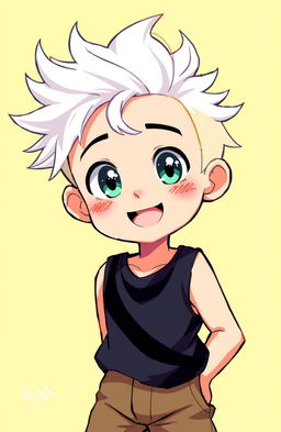 A vibrant and colorful 2D anime illustration of an 8-year-old cute and handsome boy with an expressive face