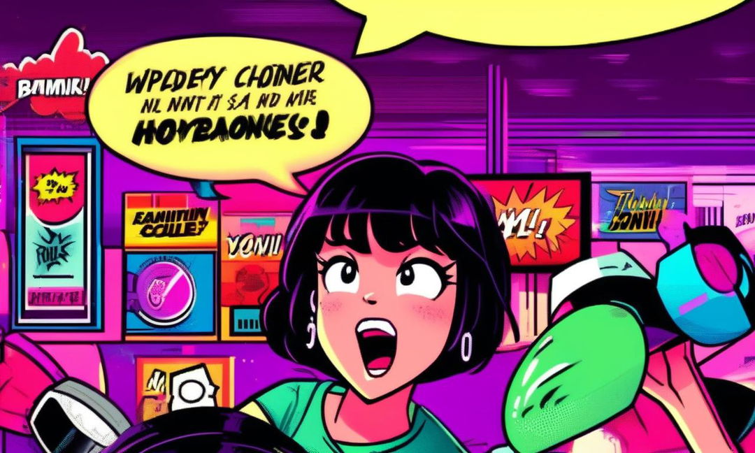 Vibrant digital art thumbnail featuring a furious 'Karen', neon colors, comic-style speech bubbles, pulsating corner lights, and a color-cycling border.