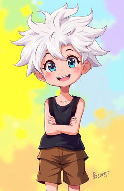 A vibrant and colorful 2D anime illustration of an 8-year-old cute and handsome boy with an expressive face