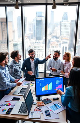 A vibrant and dynamic eCommerce marketing scene, showcasing a diverse group of professionals enthusiastically brainstorming in a modern office space