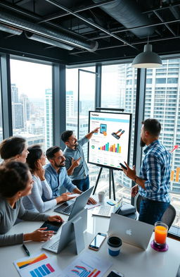 A vibrant and dynamic eCommerce marketing scene, showcasing a diverse group of professionals enthusiastically brainstorming in a modern office space