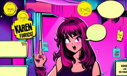 Vibrant digital art thumbnail featuring a furious 'Karen', neon colors, comic-style speech bubbles, pulsating corner lights, and a color-cycling border.