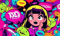 Vibrant digital art thumbnail featuring a furious 'Karen', neon colors, comic-style speech bubbles, pulsating corner lights, and a color-cycling border.