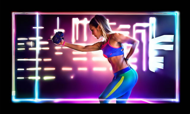 High-resolution digital photograph thumbnail featuring a fitness model mid-workout in neon attire, with 'Ultimate Workout!' text overlay, pulsating corner lights, and a color-cycling border.