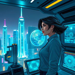 In a futuristic city of Nova Prime, the skyline is illuminated with an iridescent glow, showcasing towering skyscrapers with dynamic lighting