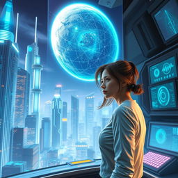 In a futuristic city of Nova Prime, the skyline is illuminated with an iridescent glow, showcasing towering skyscrapers with dynamic lighting