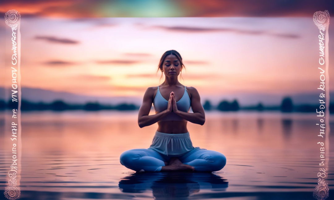 High-resolution digital photograph thumbnail featuring a fitness model in a serene yoga pose, with 'Find Your Zen' text overlay, soft glowing corner lights, and a tranquil color-cycling border.